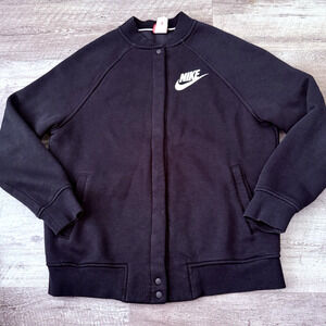 NIKE Varsity Jacket Men Medium Black Snap Front Fleece Snaps Sweatshirt Pockets